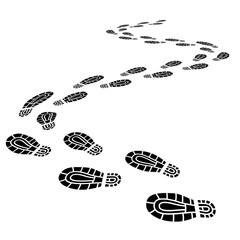 Foot print monochrome brush, isolated on white. Shoe's sole trace silhouette of a walking man. Black boot flat path illustration isolated on white background. Unknown footstep trail in 3d perspective.
