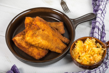 Pieces of cod in breadcrumbs.