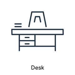 Desk icon vector isolated on white background, Desk sign , thin symbols or lined elements in outline style