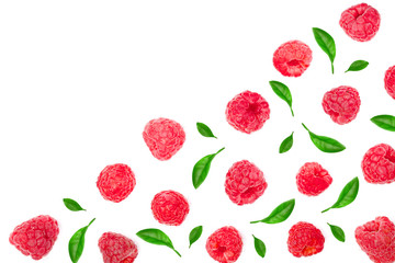 raspberries with leaves isolated on white background with copy space for your text. Top view. Flat...