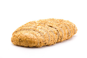 Freshly baked 7 cereals bread, whole grain food with a lot of fiber isolated on a white background