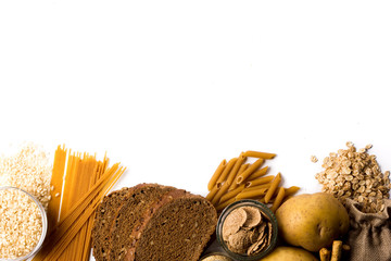 Group of whole foods, complex carbohydrates isolated on a white background