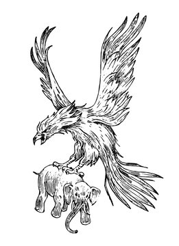 Mythical Phoenix fire bird or antique Roc. Ancient Mythology animal, creature in the old vintage style. eagle with an elephant. Engraved hand drawn old sketch.