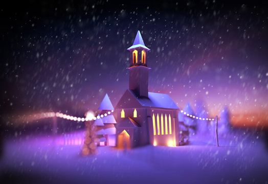 A Festive Church scene at Christmas with decorative lights and snowfall. 3D illustration