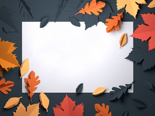 Folded Paper art origami. Seasonal autumn Leaves background. 3D illustration