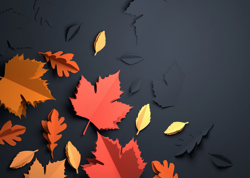 Folded Paper Art Origami. Seasonal Autumn Leaves On A Dark Background. 3D Illustration