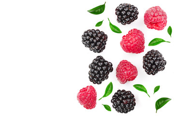 blackberry and raspberry with leaves isolated on white background with copy space for your text. Top view. Flat lay pattern