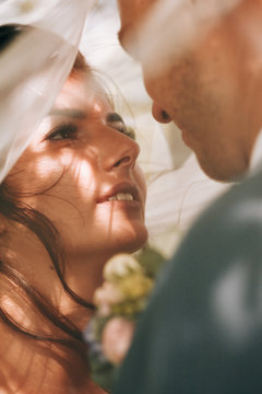 Sensual portrait of a young couple. Wedding photo outdoor
