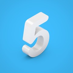 White glossy isometric number 5 isolated on blue background.