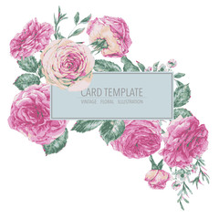 Vector vintage floral greeting card with pink roses