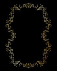 Golden Floral border or Frame for picture. Gold Italian vintage ornament for photo. Isolated Retro divider with swirl for greeting card or wedding. Royal, luxury flourish, headpiece template