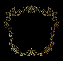 Golden Floral border or Frame for picture. Gold Italian vintage ornament for photo. Isolated Retro divider with swirl for greeting card or wedding. Royal, luxury flourish, headpiece template