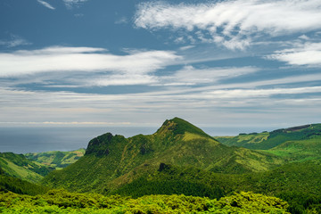 Fototapeta premium a View to a mountain called Pico da Sé in Flores Island in Azores