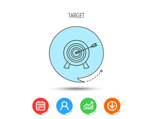 Target with arrow icon. Archery aiming sign.