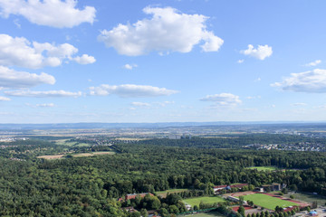 Amazing Landscape view on the beautiful forests, alpine mountains and idyllic fields of South Germany with a blue sky before sunset with clouds