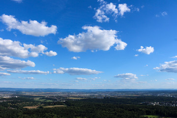 Amazing Landscape view on the beautiful forests, alpine mountains and idyllic fields of South Germany with a blue sky before sunset with clouds