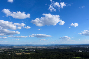 Amazing Landscape view on the beautiful forests, alpine mountains and idyllic fields of South Germany with a blue sky before sunset with clouds