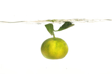 Green citrus or tangerine drop in water