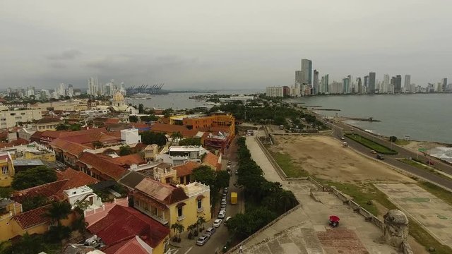 Aerial view of downtown Cartagena, Colombia, from the Baluarte de Santo Domingo, Ciudad Amurallada.