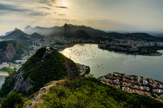 Rio de Janeiro View from Sugarloaf Mountain over the City during sunset