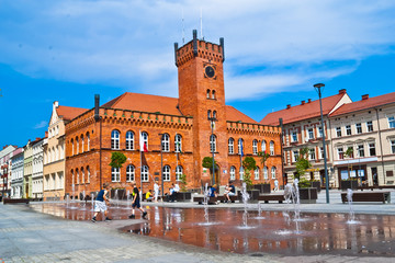 City Hall Building and Fountain in Szczecinek at Summer - Poland - obrazy, fototapety, plakaty