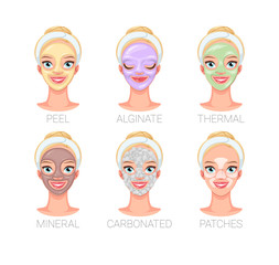 Woman with different skincare facial mask types. Set of vector illustrations.