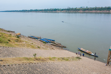 Fototapeta na wymiar Boats on Mekong River in Khemarat, Ubon Ratchathani, Thailand