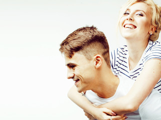 young pretty teenage couple, hipster guy with his girlfriend hap