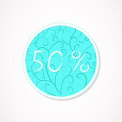 50 percent discounts inscription on decorative round backgrounds with floral pattern. Hand drawn lettering. Vector illustration. 