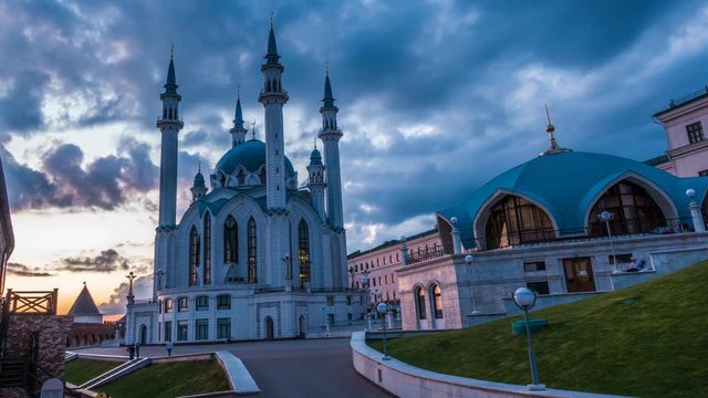 Russia, Republic of Tatarstan, Qul Sharif or Kol Sharif in Kazan Kremlin with night illumination., time lapse,Beautiful Evening Cityscape.