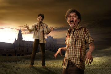 Scary zombies with old building background