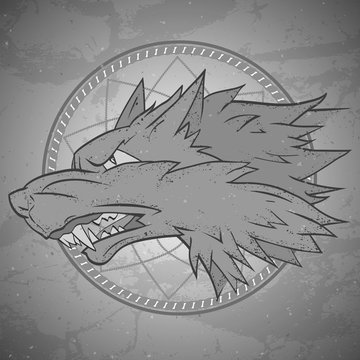 Vector illustration with wolf's head and dreamcatcher on grange background. Roaring wolf.