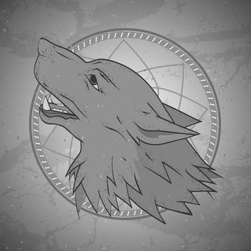 Vector illustration with wolf's head and dreamcatcher on grange background. Howling wolf. 