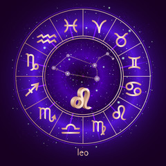 Obraz na płótnie Canvas Zodiac sign and constellation LEO with Horoscope circle and sacred symbols on the starry night sky background with geometry pattern. Vector illustrations in purple color. Gold elements.