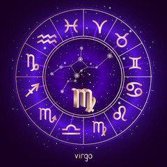 Fototapeta na wymiar Zodiac sign and constellation VIRGO with Horoscope circle and sacred symbols on the starry night sky background with geometry pattern. Vector illustrations in purple color. Gold elements.