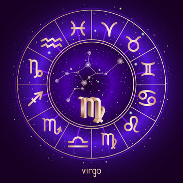 Zodiac sign and constellation VIRGO with Horoscope circle and sacred symbols on the starry night sky background with geometry pattern. Vector illustrations in purple color. Gold elements.