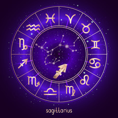 Zodiac sign and constellation SAGITTARIUS with Horoscope circle and sacred symbols on the starry night sky background with geometry pattern. Vector illustrations in purple color. Gold elements.