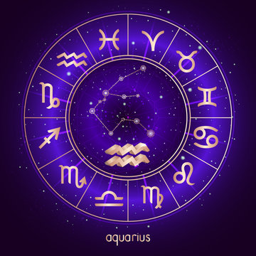 Zodiac sign and constellation AQUARIUS with Horoscope circle and sacred symbols on the starry night sky background with geometry pattern. Vector illustrations in purple color. Gold elements.
