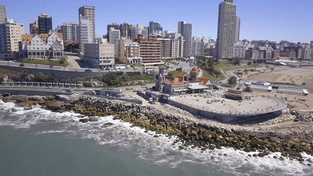 Torreon del Monje coast of Mar del Plata Argentina &ndash; 4k drone video of the Argentinian coast and downtown area of Mar del Plata Casino Central in spring time.  Buenos Aires Capital Federal district  