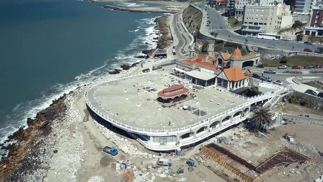 Torreon del Monje coast of Mar del Plata Argentina &ndash; 4k drone video of the Argentinian coast and downtown area of Mar del Plata Casino Central in spring time.  Buenos Aires Capital Federal district  