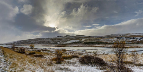 Panorama view with Winter in the mountains. Christmas landscape 