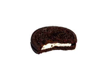 Bitten chocolate cookie with cream filling isolated on white background