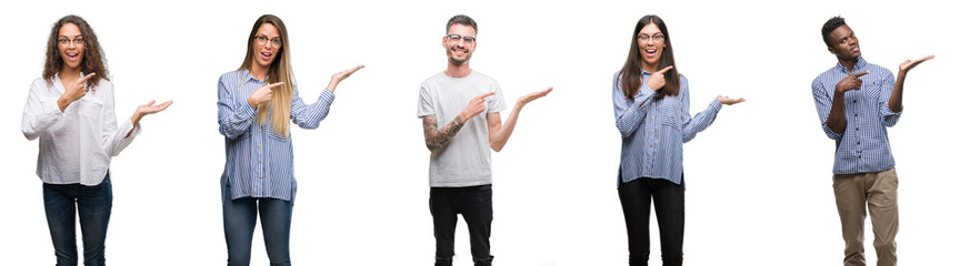 Group and team of young business people over isolated white background amazed and smiling to the camera while presenting with hand and pointing with finger.