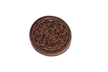 Chocolate cookie with cream filling isolated on white background