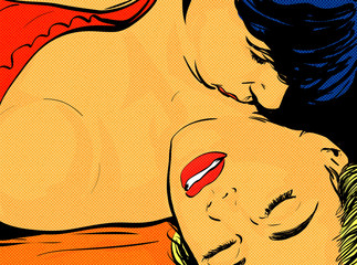 pop art couple amour sensuel,  homme baiser sur le cou d'une femme - 217979710