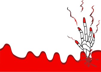 Hand skeleton In a bloody red frame Halloween icons on a white background. This card wallpaper is useful for posters, cards, invitations, personalized coloring books.