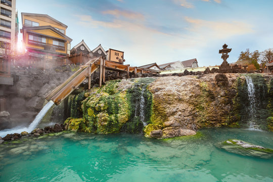 Yubatake hot spring in the middle of Kusatsu Onsen town in Gunma, Japan