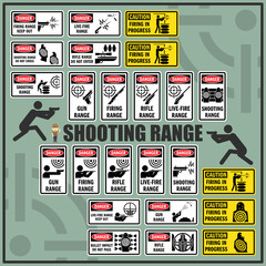 Set of shooting range safety signs and symbols. Gun range, Live-fire, Firing in progress signs.