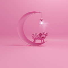 Pink cute cartoon sheep smile with crescent moon and hanging arabic lantern lamp. Design creative concept of islamic celebration eid adha. 3d rendering illustration.