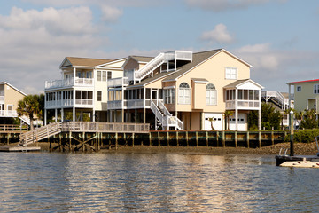 Luxury beach houses with boat dock on the inter coastal waterway, Sunset Beach, North Carolina